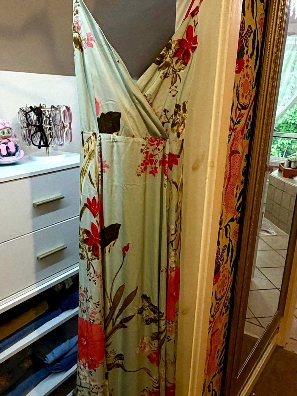 Lulus Floral Mint Green Maxi Dress with Red Bloom Accents